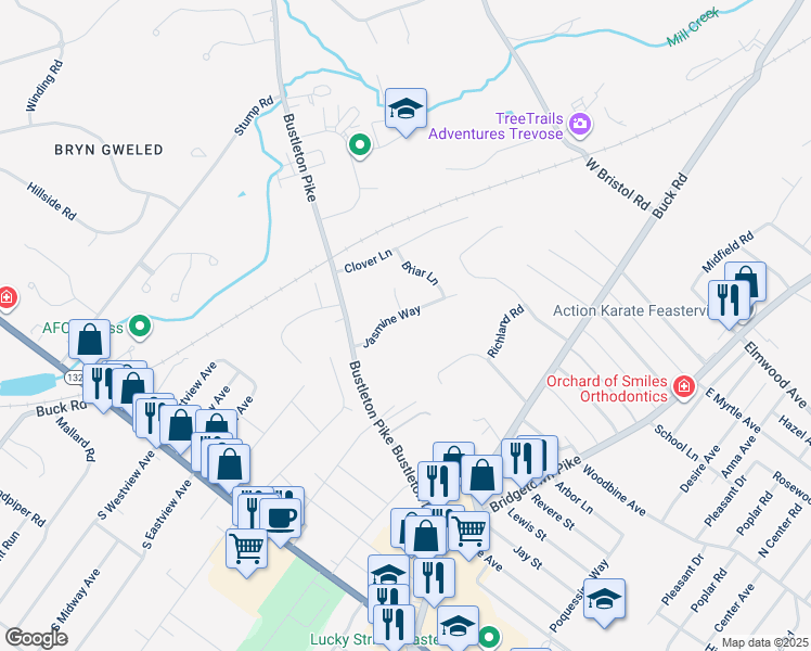 map of restaurants, bars, coffee shops, grocery stores, and more near 1251 Jasmine Way in Feasterville Trevose