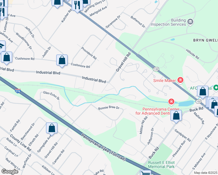 map of restaurants, bars, coffee shops, grocery stores, and more near 82 Gravel Hill Road in Bucks County