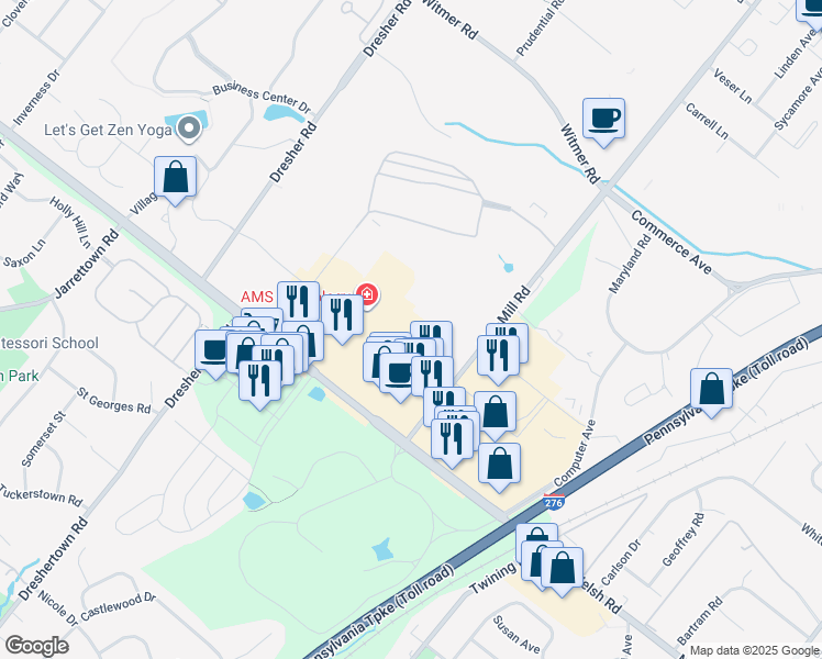 map of restaurants, bars, coffee shops, grocery stores, and more near 114 Welsh Road in Horsham
