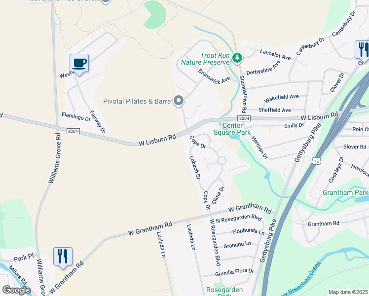 map of restaurants, bars, coffee shops, grocery stores, and more near 2401 Lobach Drive in Mechanicsburg