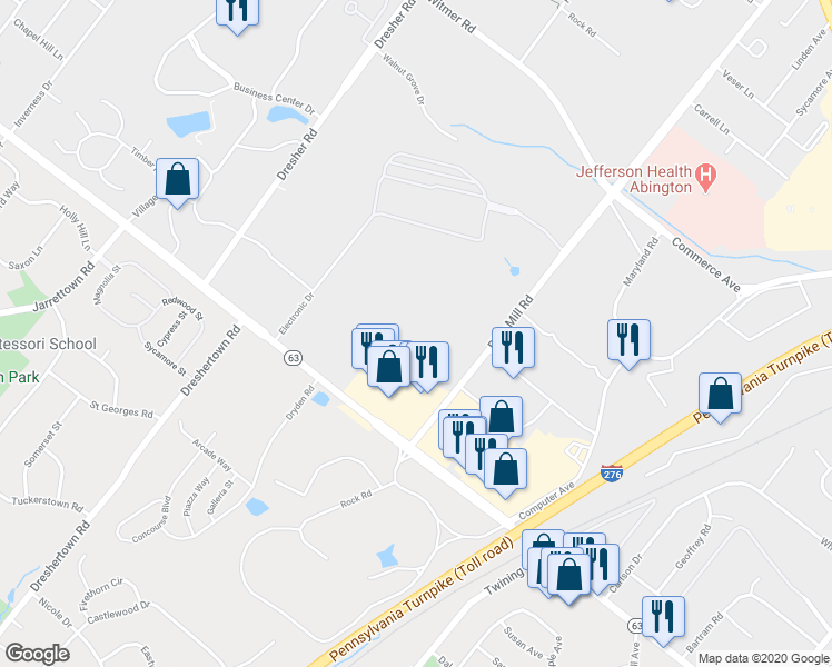 map of restaurants, bars, coffee shops, grocery stores, and more near 114 Welsh Road in Horsham