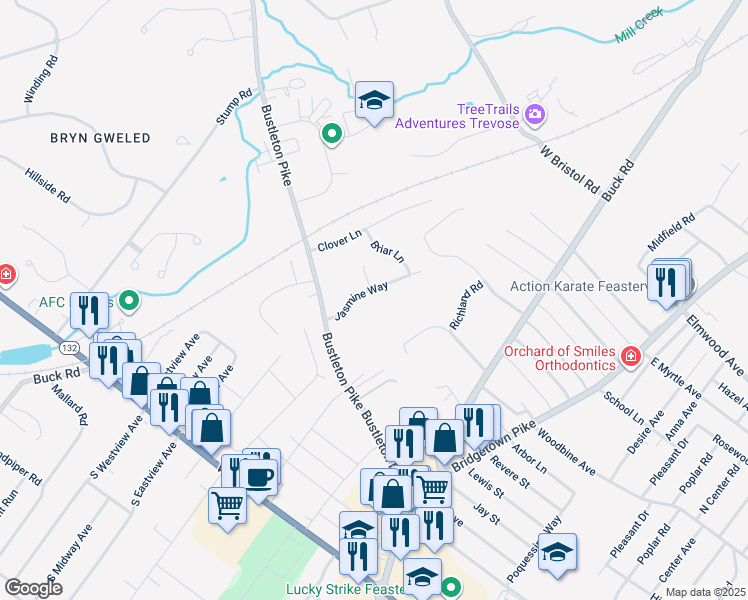 map of restaurants, bars, coffee shops, grocery stores, and more near 1251 Jasmine Way in Feasterville Trevose