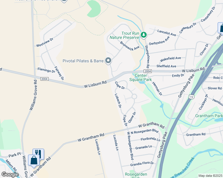 map of restaurants, bars, coffee shops, grocery stores, and more near 2401 Lobach Drive in Mechanicsburg