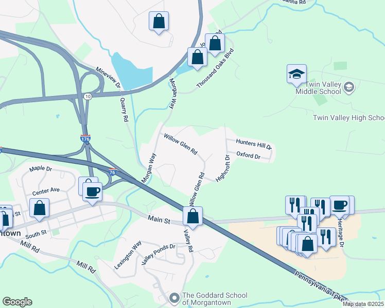 map of restaurants, bars, coffee shops, grocery stores, and more near 261 Willow Glen Road in Morgantown