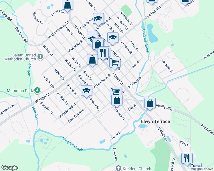 map of restaurants, bars, coffee shops, grocery stores, and more near 125 South Charlotte Street in Manheim