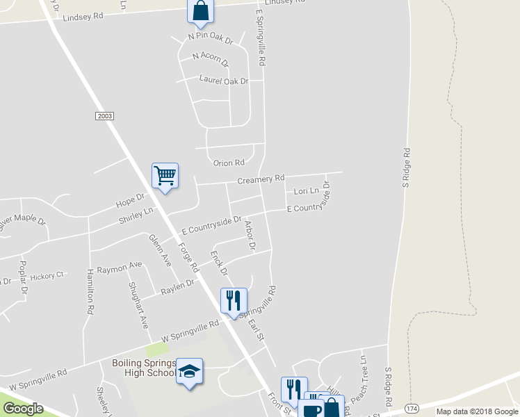 map of restaurants, bars, coffee shops, grocery stores, and more near 26 East Countryside Drive in Boiling Springs