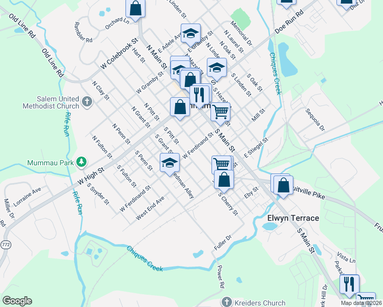 map of restaurants, bars, coffee shops, grocery stores, and more near 117 West Ferdinand Street in Manheim