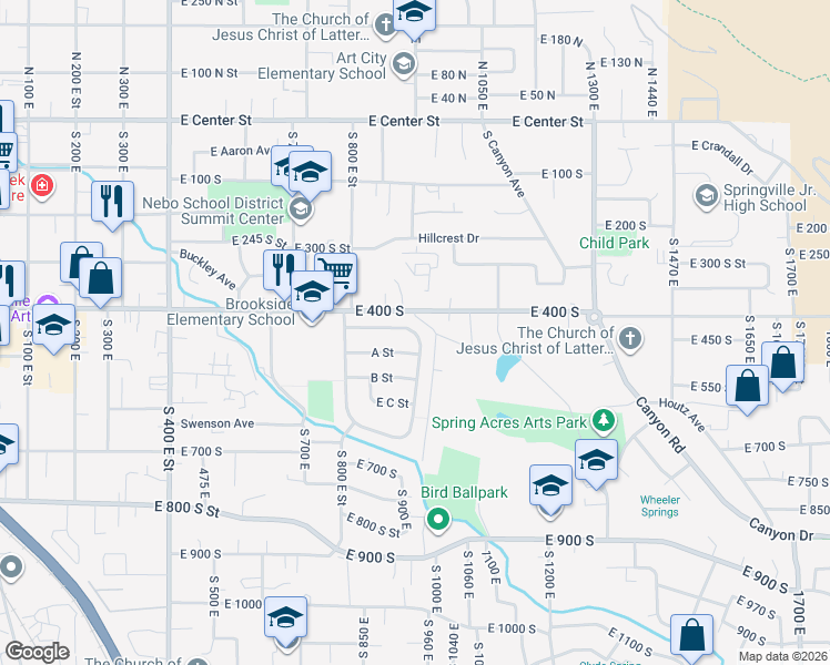 map of restaurants, bars, coffee shops, grocery stores, and more near 395 West 900 North in Springville