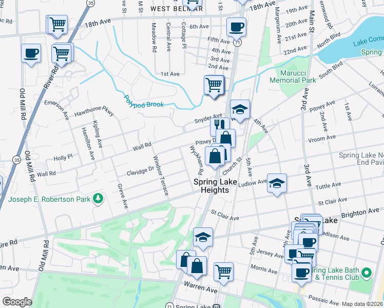 map of restaurants, bars, coffee shops, grocery stores, and more near 721 Pitney Drive in Spring Lake
