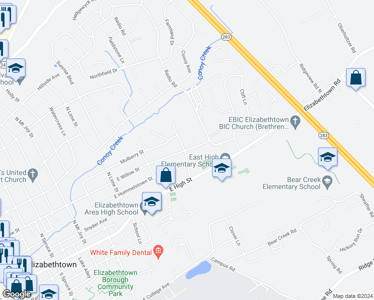 map of restaurants, bars, coffee shops, grocery stores, and more near 208 Beechwood Lane in Elizabethtown