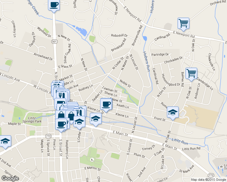 map of restaurants, bars, coffee shops, grocery stores, and more near 202 Leaman Street in Lititz