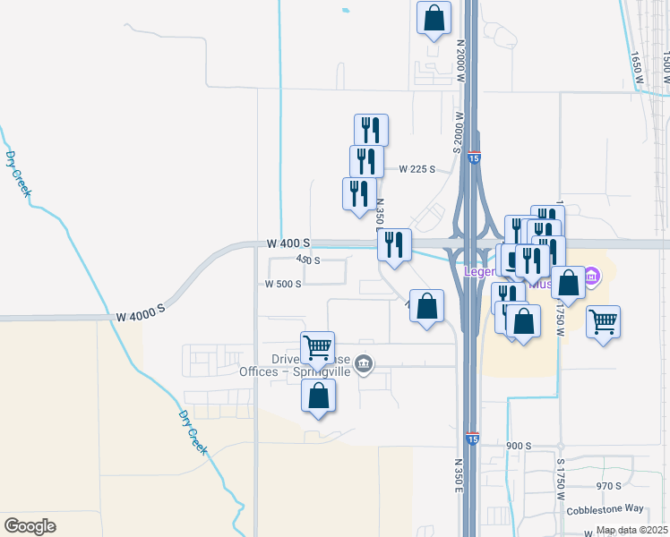 map of restaurants, bars, coffee shops, grocery stores, and more near 2445 West 450 South in Springville