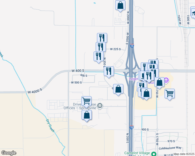 map of restaurants, bars, coffee shops, grocery stores, and more near 2390 West 450 South in Springville
