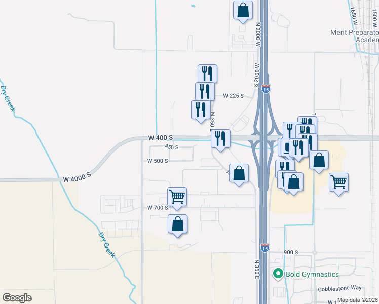 map of restaurants, bars, coffee shops, grocery stores, and more near 2390 West 450 South in Springville