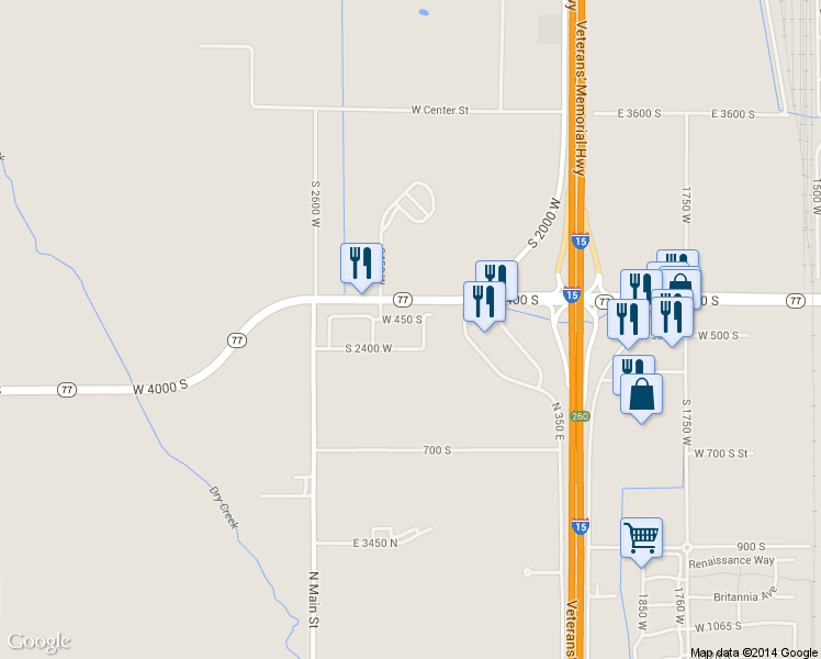 map of restaurants, bars, coffee shops, grocery stores, and more near 2390 West 450 South in Springville