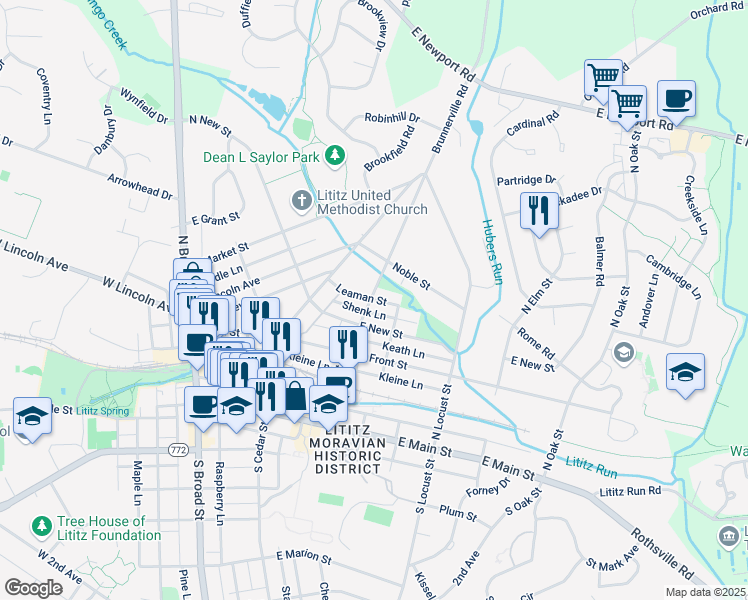 map of restaurants, bars, coffee shops, grocery stores, and more near 399 North Water Street in Lititz