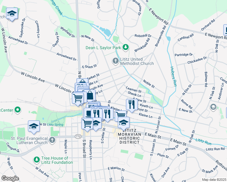 map of restaurants, bars, coffee shops, grocery stores, and more near 134 East Lincoln Avenue in Lititz