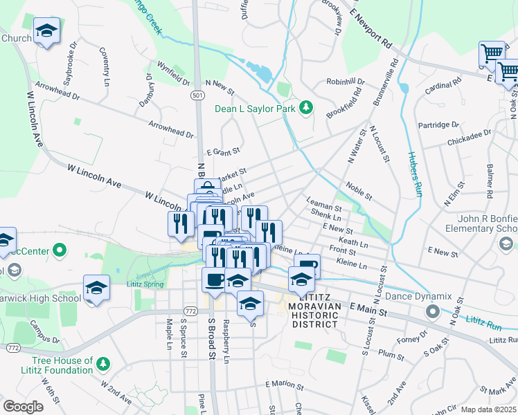 map of restaurants, bars, coffee shops, grocery stores, and more near 101 East Lincoln Avenue in Lititz