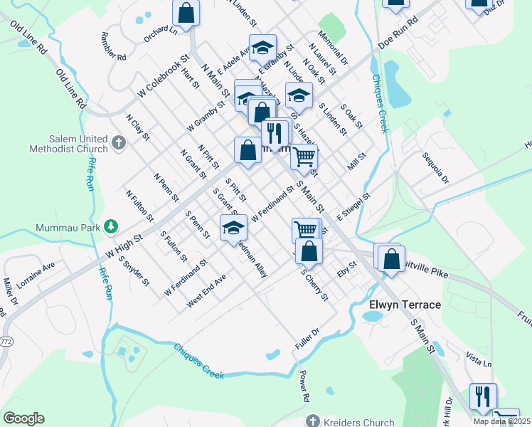 map of restaurants, bars, coffee shops, grocery stores, and more near 90 South Charlotte Street in Manheim