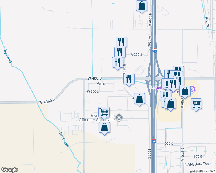 map of restaurants, bars, coffee shops, grocery stores, and more near 2465 450 South in Springville