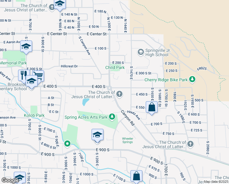 map of restaurants, bars, coffee shops, grocery stores, and more near 433 Canyon Drive in Springville