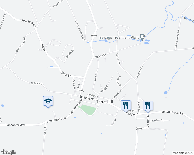map of restaurants, bars, coffee shops, grocery stores, and more near 214 New Street in Terre Hill