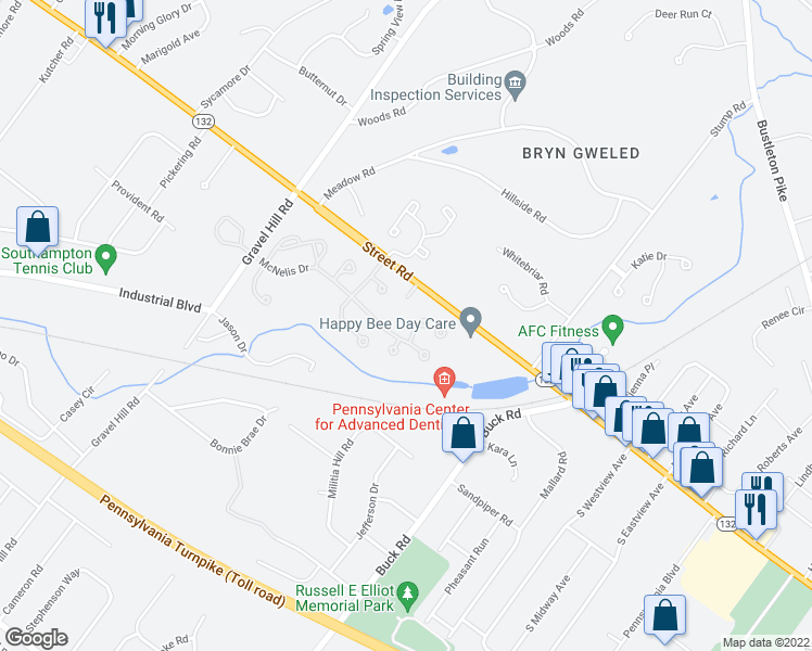 map of restaurants, bars, coffee shops, grocery stores, and more near 1802 Hennessy Drive in Southampton