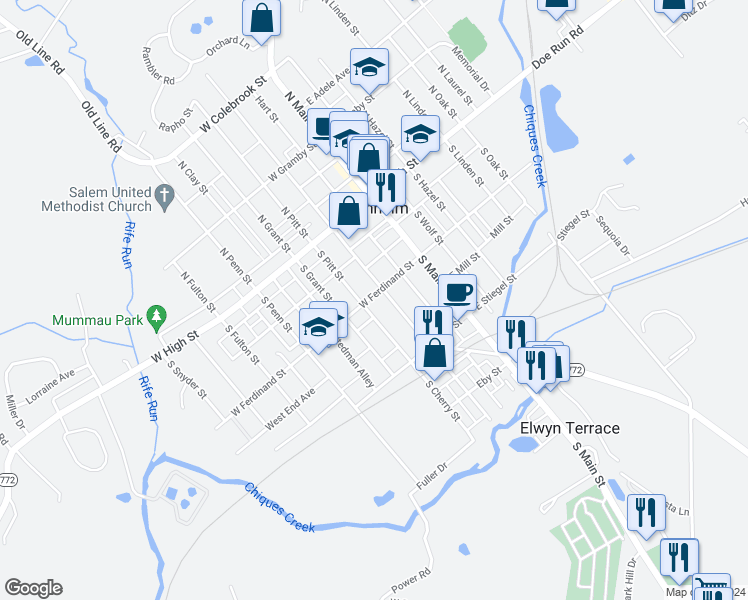 map of restaurants, bars, coffee shops, grocery stores, and more near 113 West Ferdinand Street in Manheim
