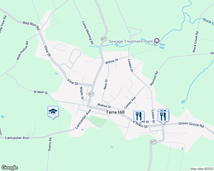 map of restaurants, bars, coffee shops, grocery stores, and more near 214 New Street in Terre Hill