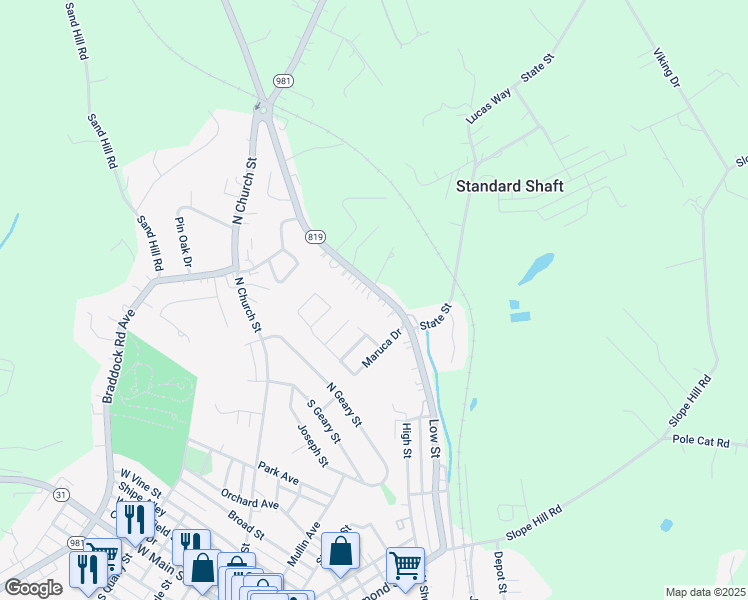 map of restaurants, bars, coffee shops, grocery stores, and more near 6925 Pennsylvania 819 in Mount Pleasant