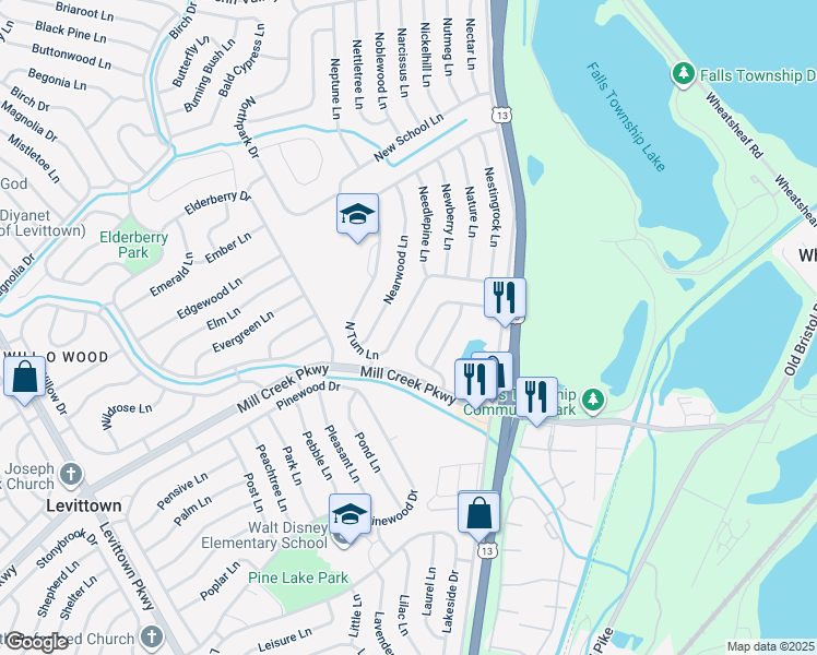 map of restaurants, bars, coffee shops, grocery stores, and more near 71 North Turn Lane in Levittown