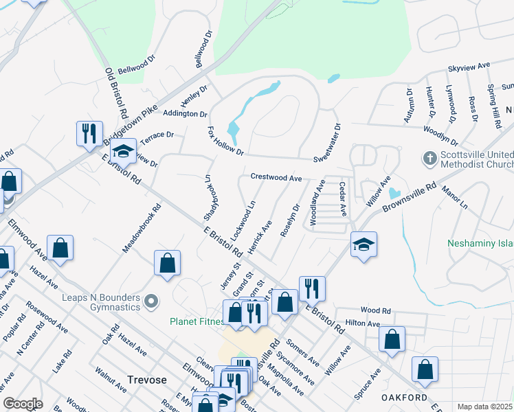 map of restaurants, bars, coffee shops, grocery stores, and more near 2031 Lockwood Lane in Feasterville-Trevose