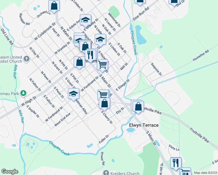 map of restaurants, bars, coffee shops, grocery stores, and more near 160 South Main Street in Manheim