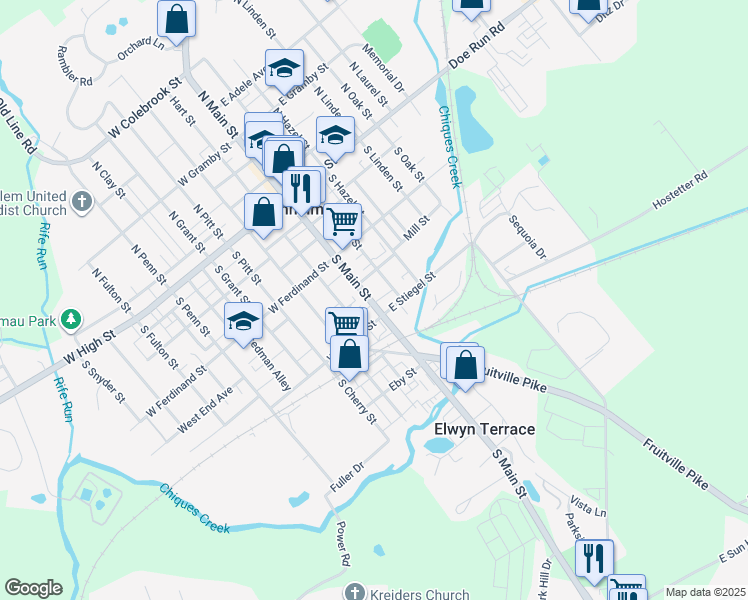 map of restaurants, bars, coffee shops, grocery stores, and more near 141 South Main Street in Manheim