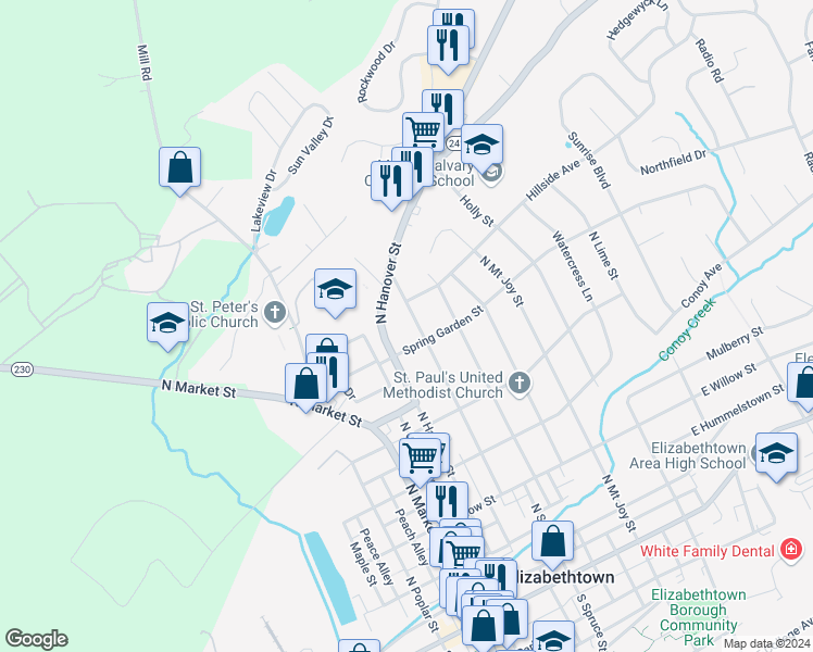 map of restaurants, bars, coffee shops, grocery stores, and more near 625 North Hanover Street in Elizabethtown