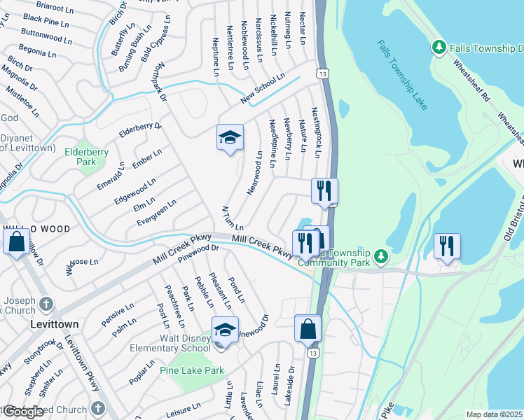 map of restaurants, bars, coffee shops, grocery stores, and more near 71 North Turn Lane in Levittown