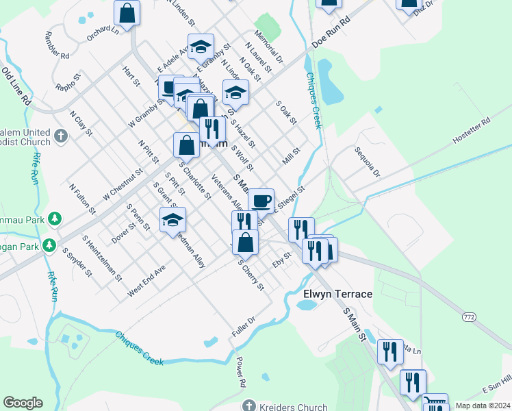 map of restaurants, bars, coffee shops, grocery stores, and more near 160 South Main Street in Manheim