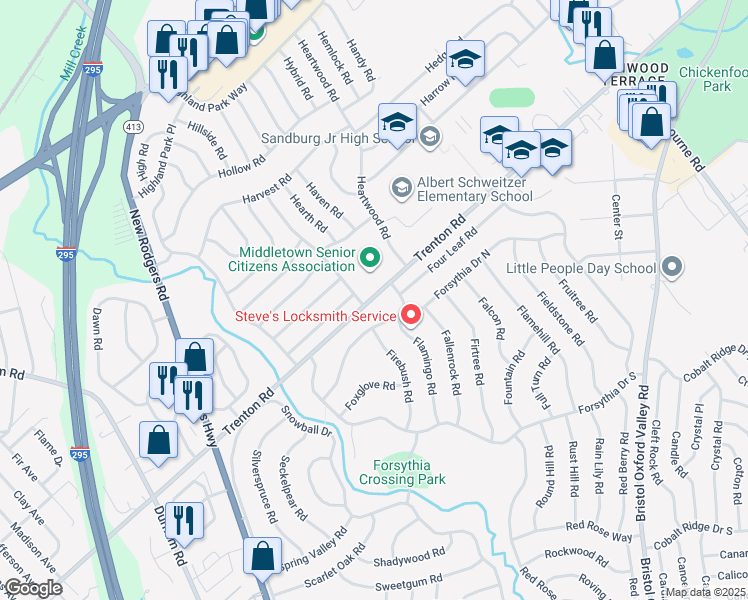 map of restaurants, bars, coffee shops, grocery stores, and more near 2117 Trenton Road in Levittown