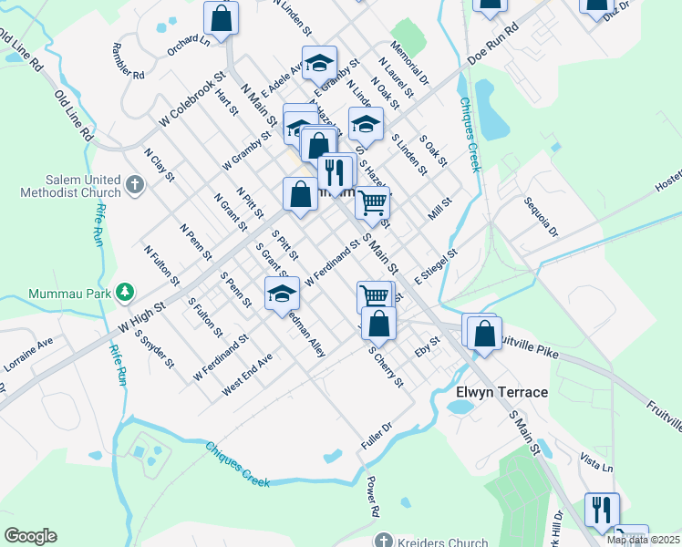 map of restaurants, bars, coffee shops, grocery stores, and more near 117 South Charlotte Street in Manheim