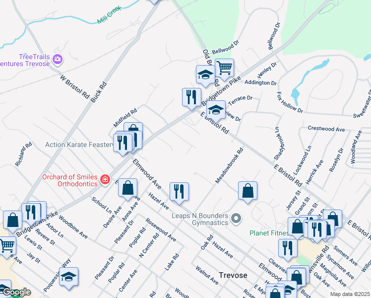 map of restaurants, bars, coffee shops, grocery stores, and more near 111 East Endfield Road in Feasterville