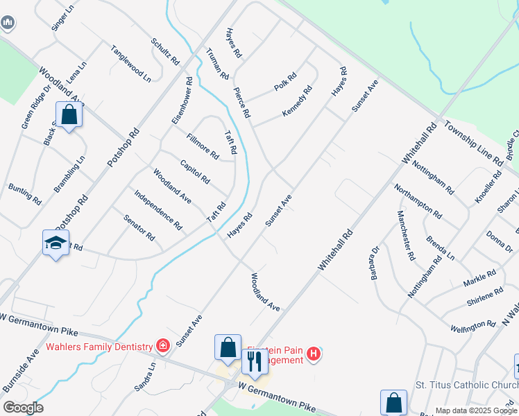 map of restaurants, bars, coffee shops, grocery stores, and more near 3112 Hayes Road in Norristown