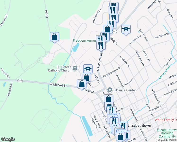 map of restaurants, bars, coffee shops, grocery stores, and more near 35 Elm Avenue in Elizabethtown