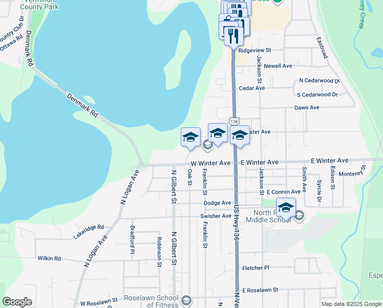 map of restaurants, bars, coffee shops, grocery stores, and more near 2112 North Vermilion Street in Danville