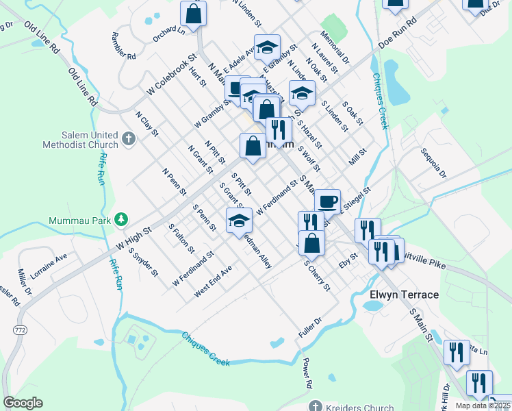 map of restaurants, bars, coffee shops, grocery stores, and more near 74 South Pitt Street in Manheim