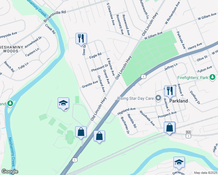 map of restaurants, bars, coffee shops, grocery stores, and more near 1605 Old Lincoln Highway in Langhorne