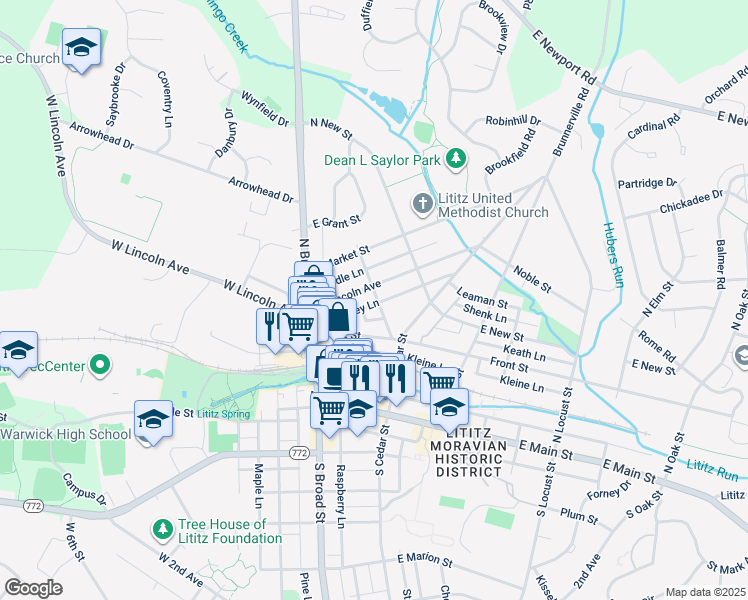 map of restaurants, bars, coffee shops, grocery stores, and more near 101 East Lincoln Avenue in Lititz