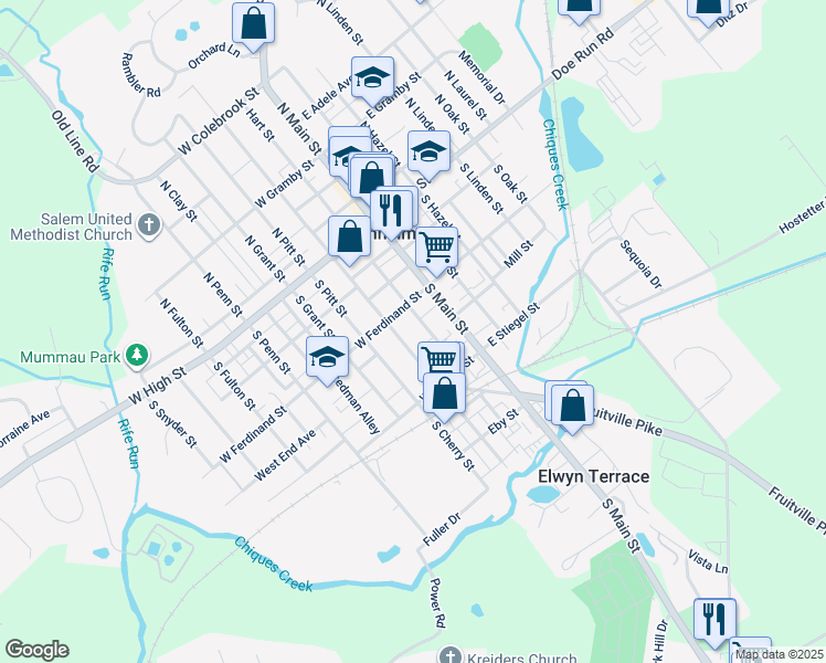 map of restaurants, bars, coffee shops, grocery stores, and more near 125 South Charlotte Street in Manheim
