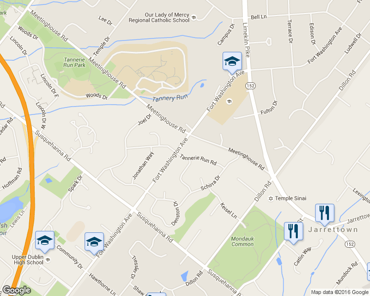 map of restaurants, bars, coffee shops, grocery stores, and more near 1469 Fort Washington Avenue in Ambler