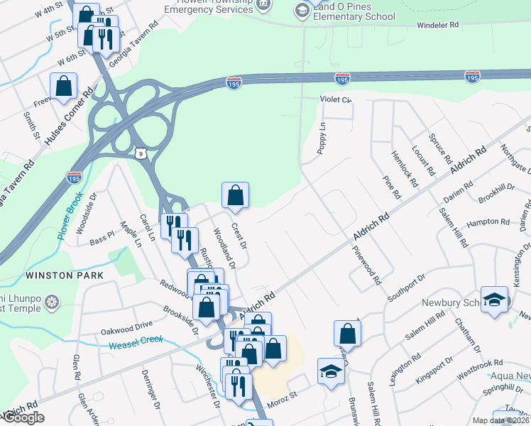 map of restaurants, bars, coffee shops, grocery stores, and more near 42 Flannigan Drive in Howell Township