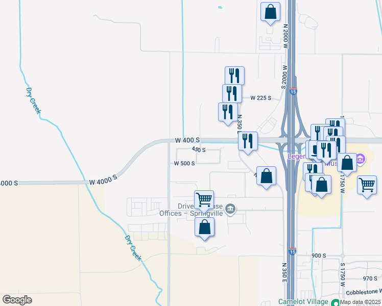 map of restaurants, bars, coffee shops, grocery stores, and more near 2515 450 South in Springville